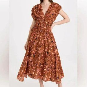 A.L.C. Lucia Midi Dress Size 4 Bronze Floral Cotton Voile Smocked V-Neck
